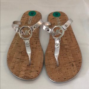 NWT Michael Kors Silver Logo Cork Flip Flop Sandal